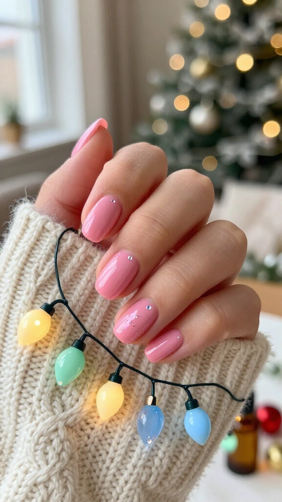 Tiny Christmas lights on soft carnation pink