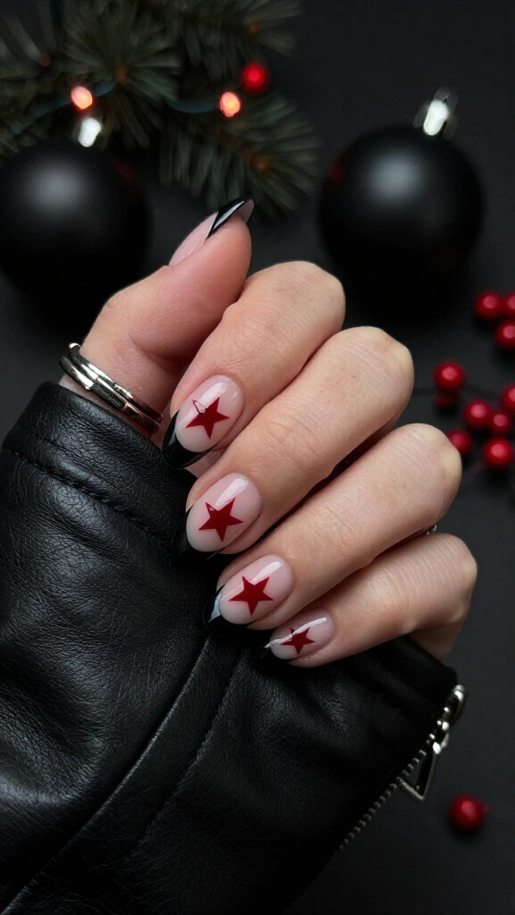 Midnight black French tips with blood-red stars