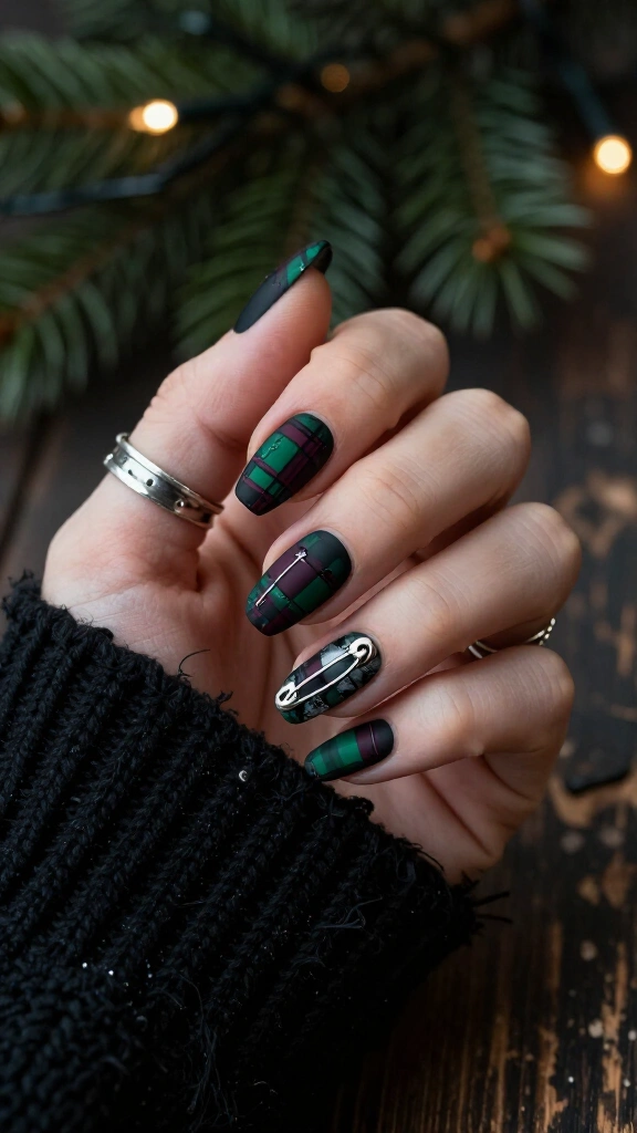 Distressed tartan plaid and safety pin accents