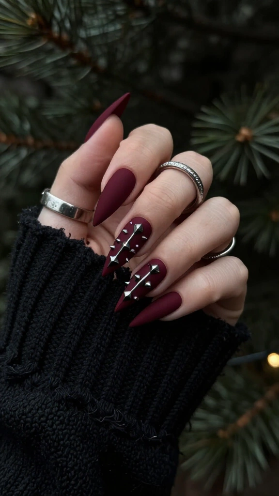 Spiked matte burgundy stiletto tips