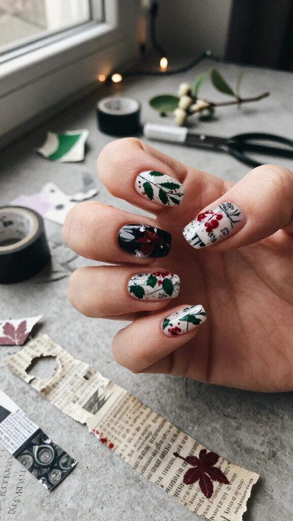 Grunge newspaper print with blood-red mistletoe