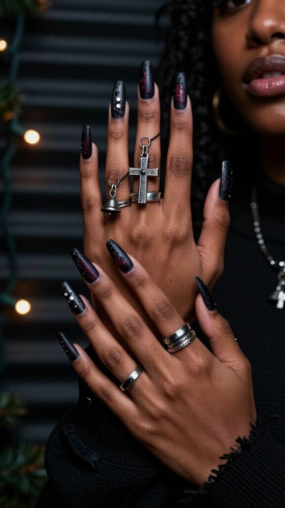 Pierced punk coffin nails with holiday charms