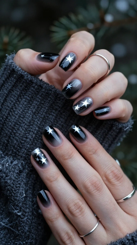 Smoky quartz aura nails with silver starbursts
