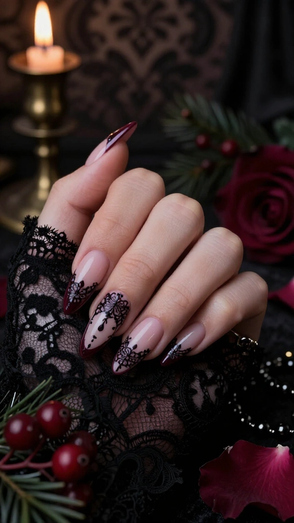 Moody Victorian lace with burgundy French borders