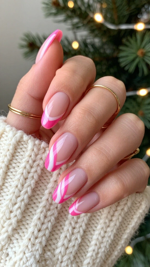 Hot pink candy cane French tips
