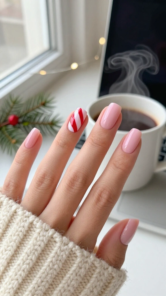Milky pink candy cane accent nail