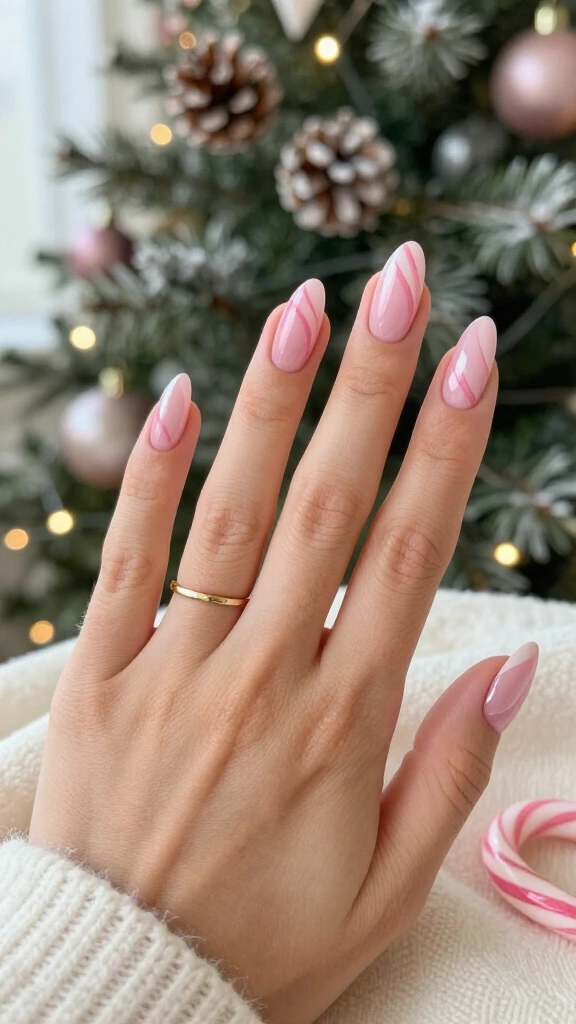 Almond-shaped pink candy cane nails