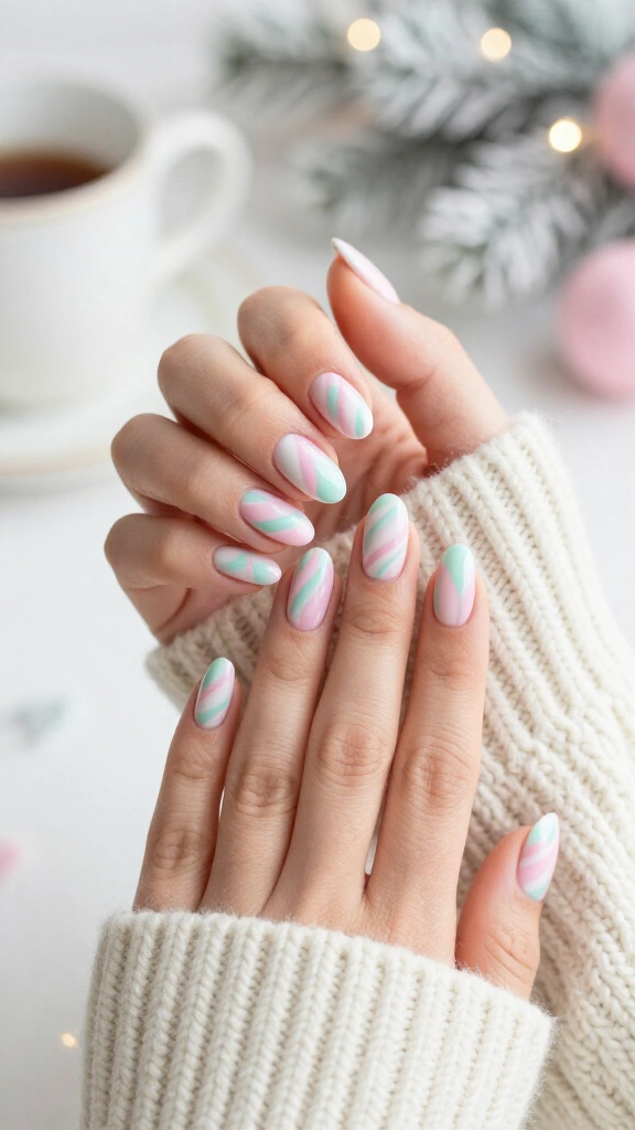Pastel pink and mint candy cane nails