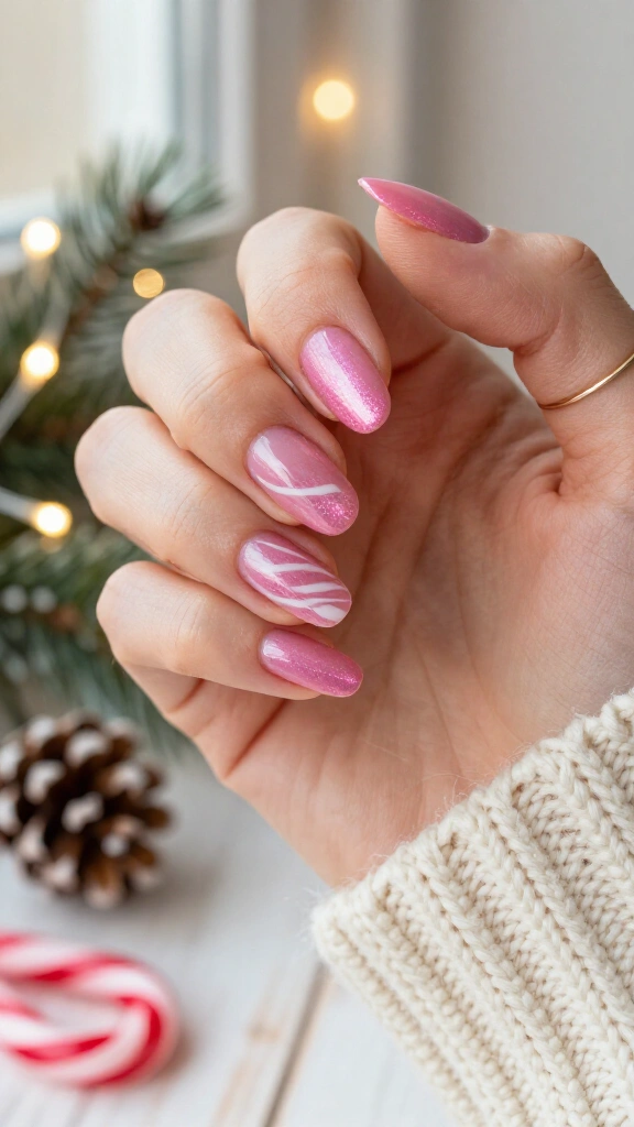 Cat-eye pink candy cane nails