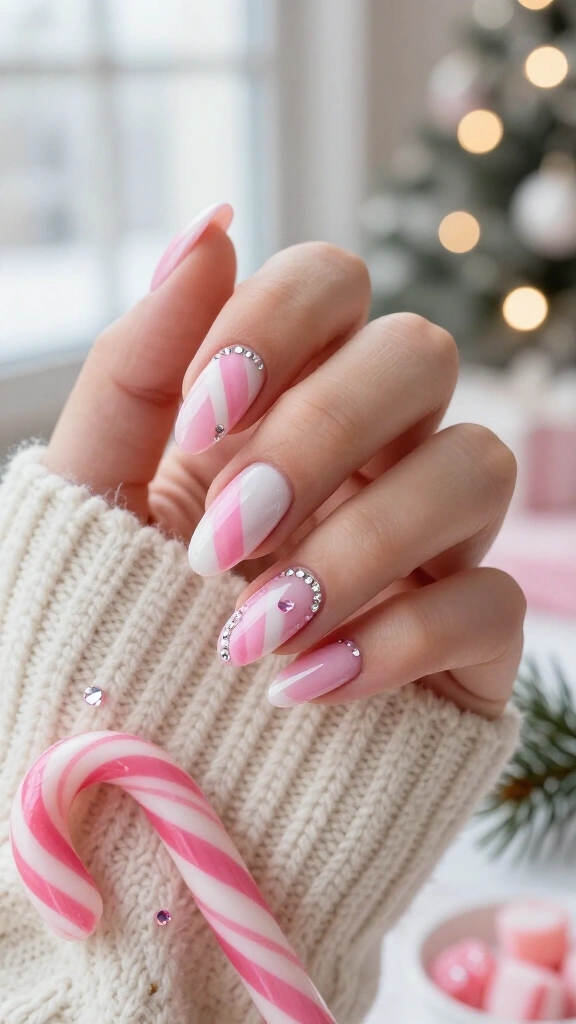Rhinestone-outlined candy cane stripes