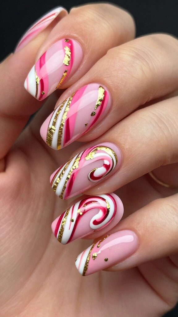 Pink and gold foil candy cane nails