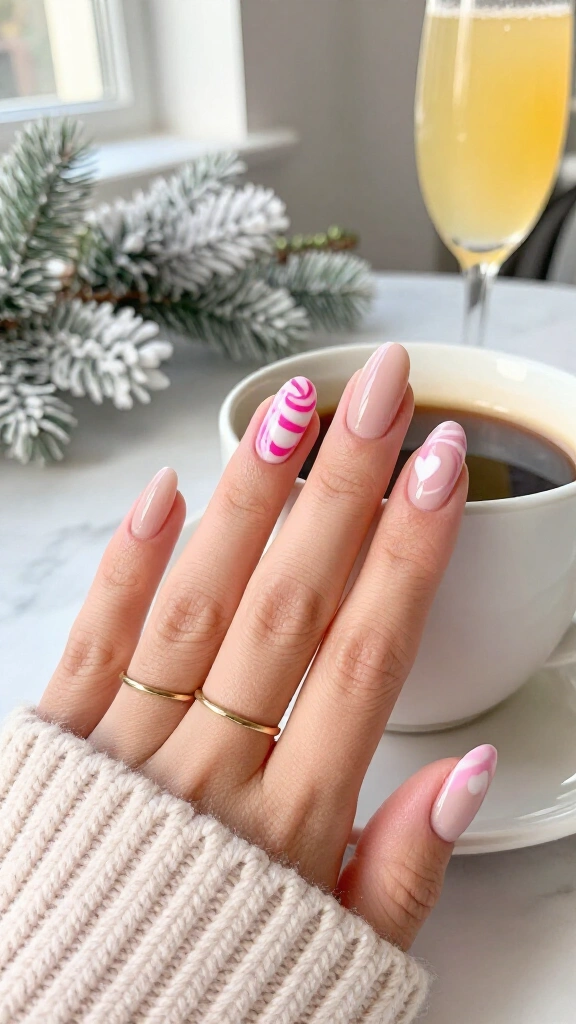 Peppermint swirl heart nails