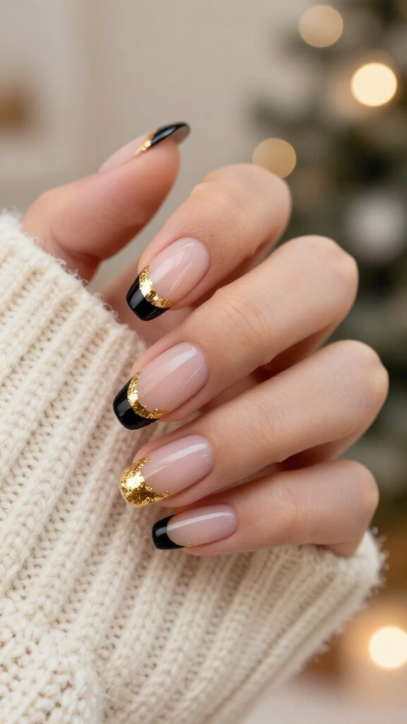 Glossy obsidian French tips with gold foil