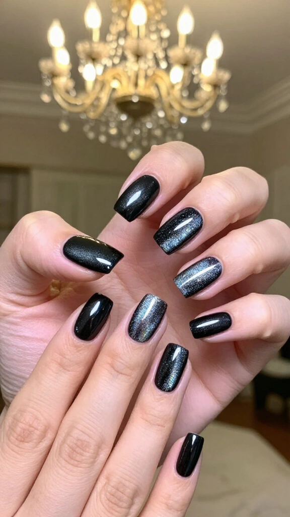 Black cat-eye holographic shimmer