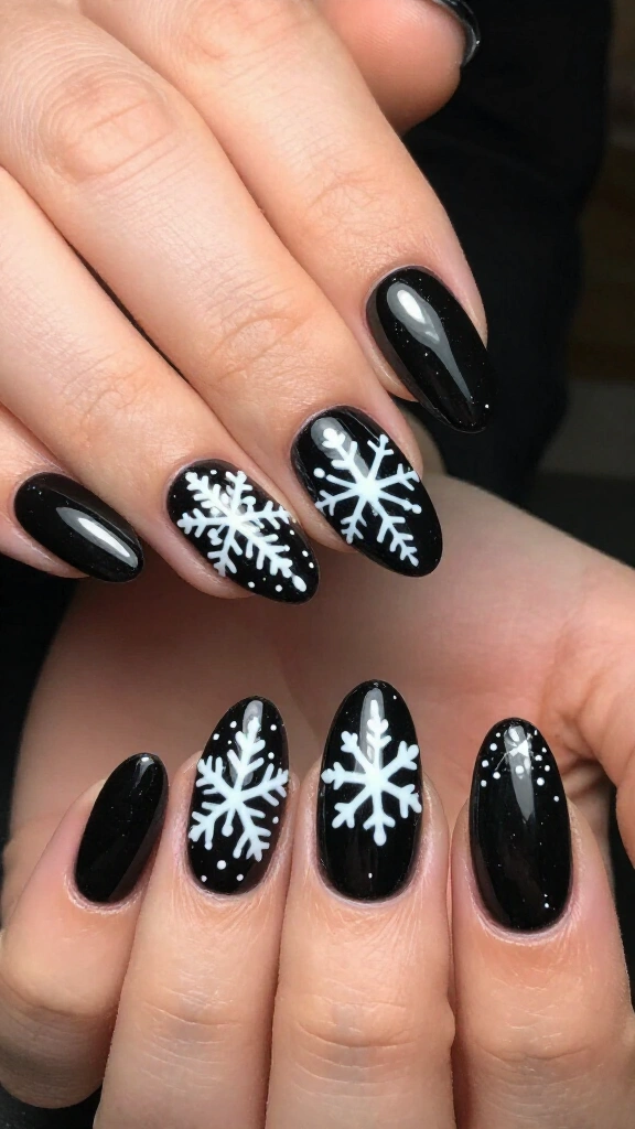 Snowflake accents on jet black almonds