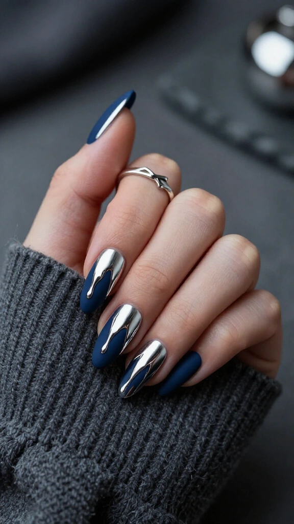 Matte navy with molten silver drips
