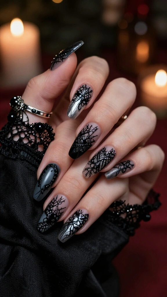 Goth grunge lace nail art